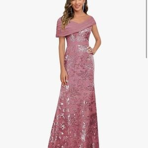 Elegant Pink Sequin Off-Shoulder Evening Dress
